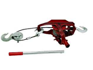Red hand-operated cable puller come-along with hooks and handle