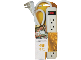 Plastic 6 Outlet Power Strip, 3 Ft Cord