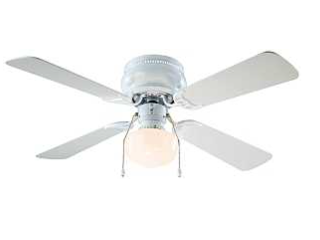 White 42 inch ceiling fan with four blades and schoolhouse light kit